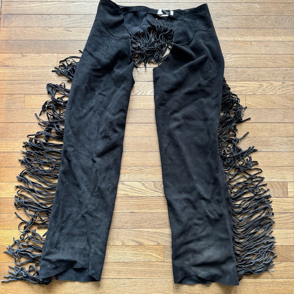 Black Suede Fringe Chaps – Western Cowboy Style (Size Large)